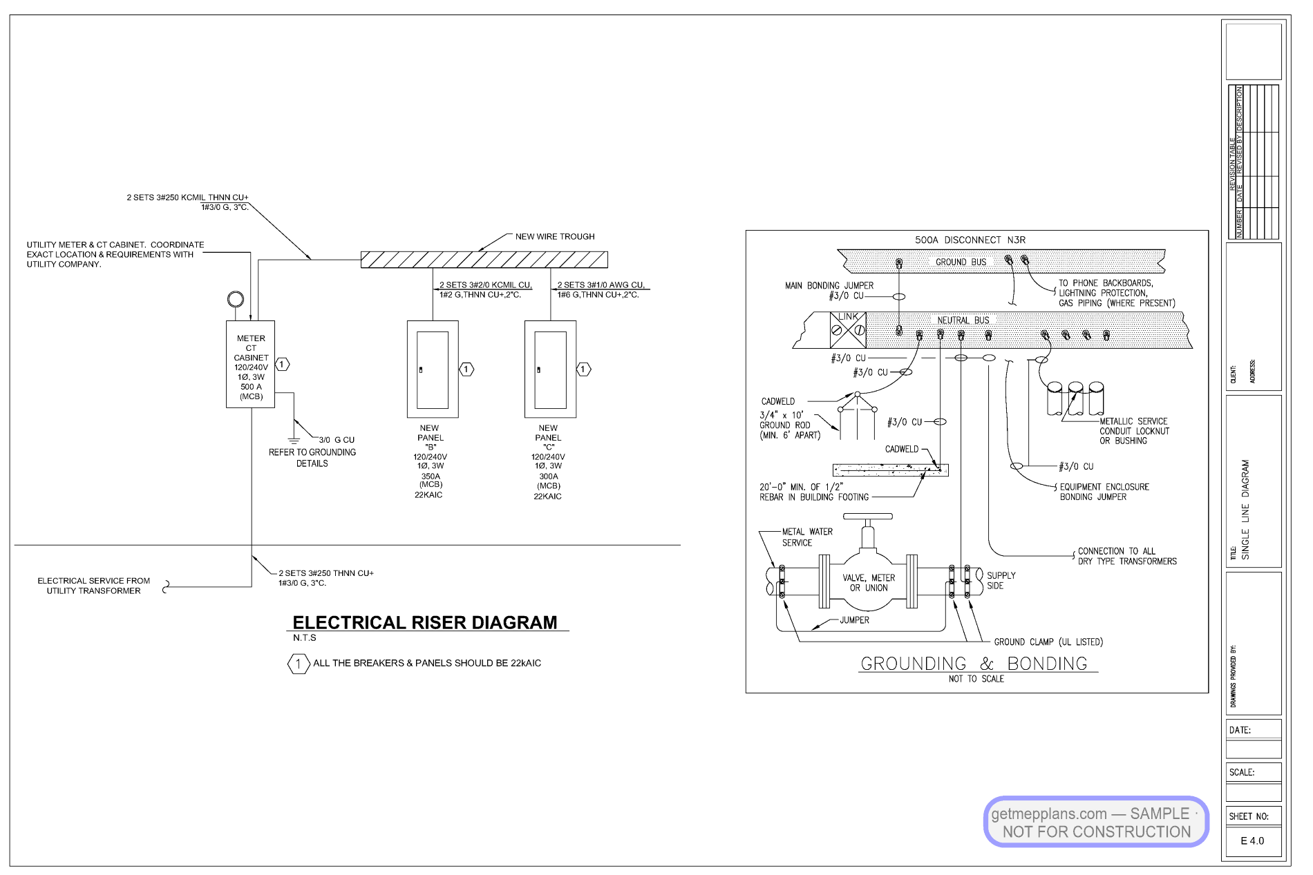 Redacted sample sheet E-4.0 — Panel & Load Calc from the Custom Home with Radiant Heating set
