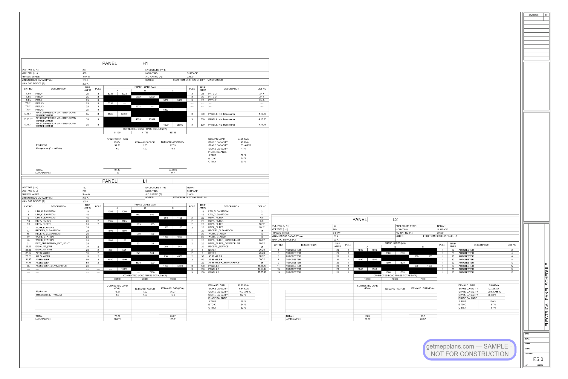 Redacted sample sheet E3 0 from the ISO-8 Cleanroom Tenant Improvement set