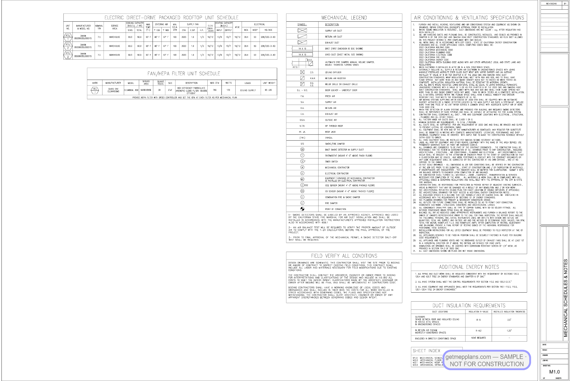 Redacted sample sheet MECHANICAL ELECTRICAL CALIFORNIA M1 0 from the ISO-8 Cleanroom Tenant Improvement set