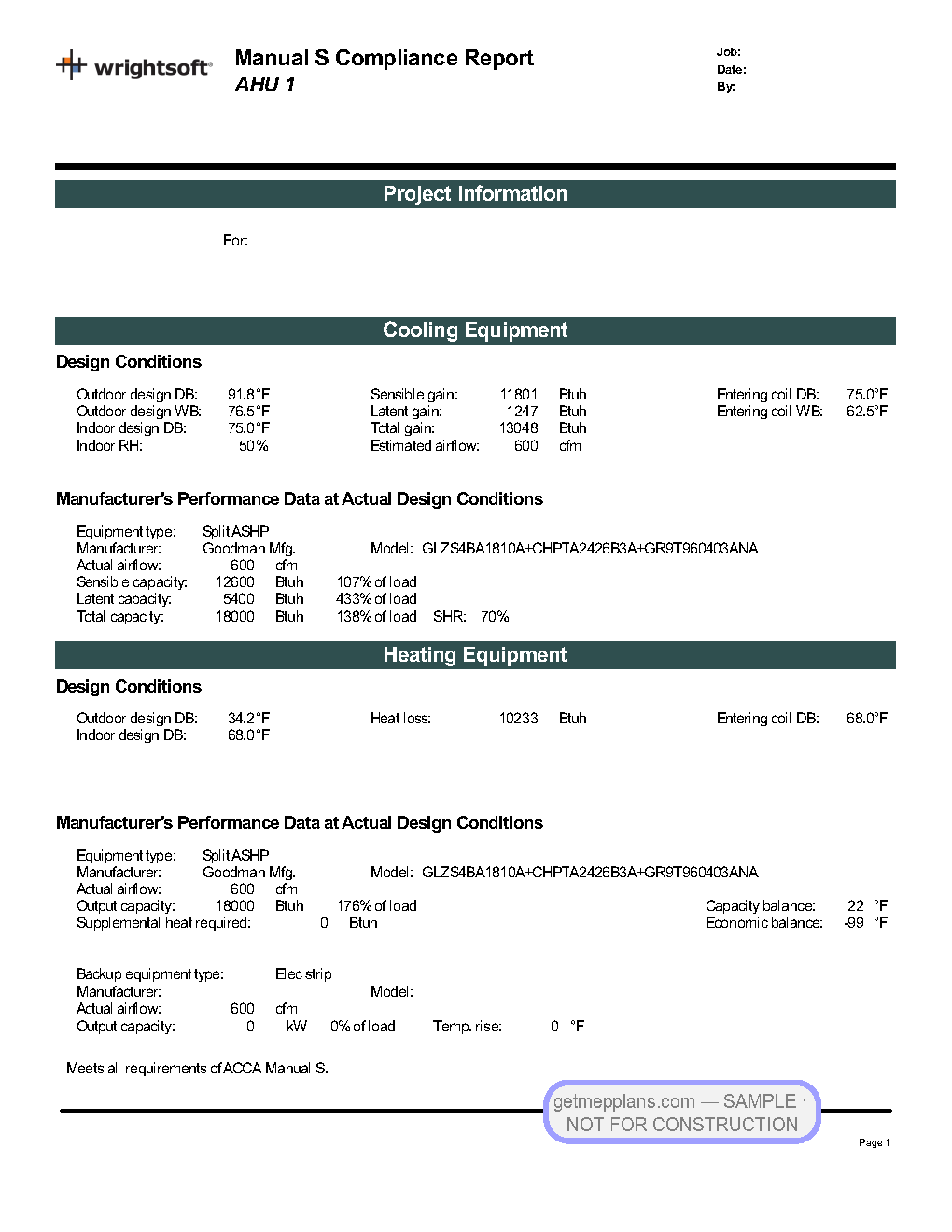Redacted sample sheet MJ FLORIDA MANUAL S AHU1 from the Residential Load Calculation set