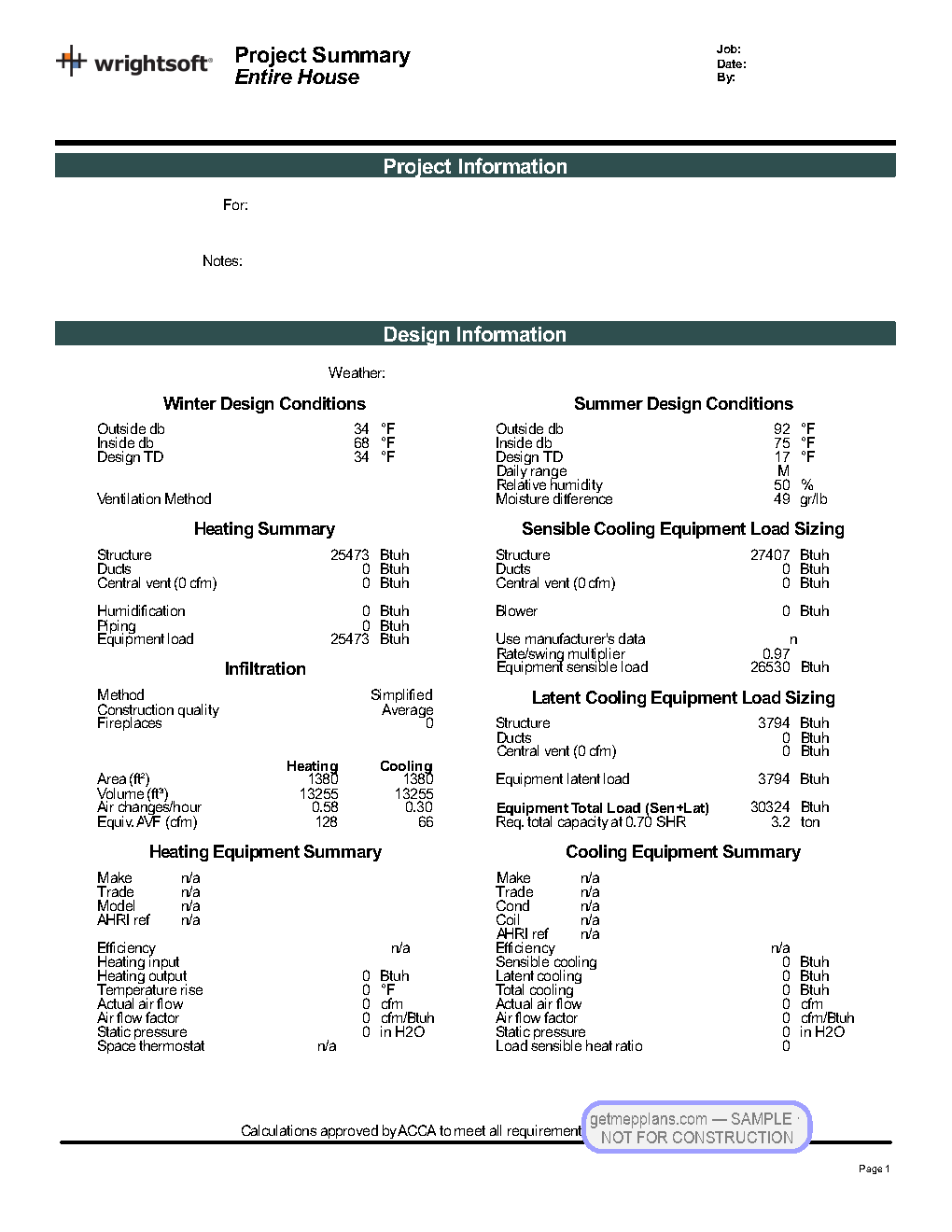 Redacted sample sheet MJ FLORIDA PROJECT SUMMARY from the Residential Load Calculation set