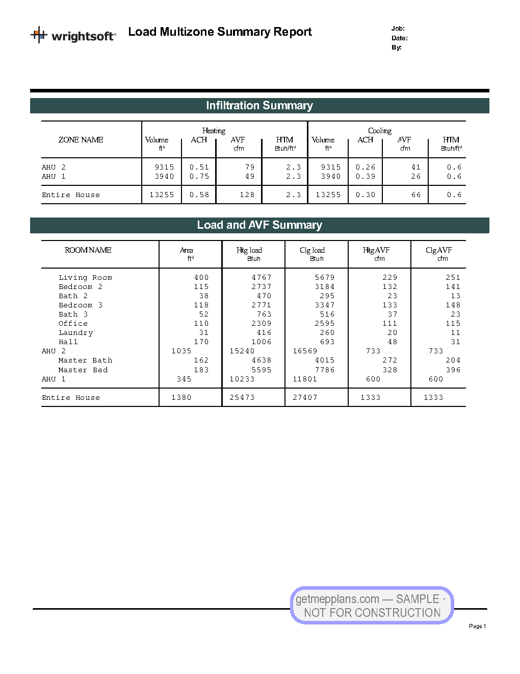Redacted sample sheet MJ FLORIDA ROOM LOADS from the Residential Load Calculation set