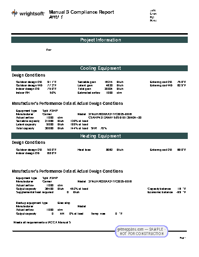 Redacted sample sheet Manual J/S Report · p.1 from the Single-Family Residence — Full Package set