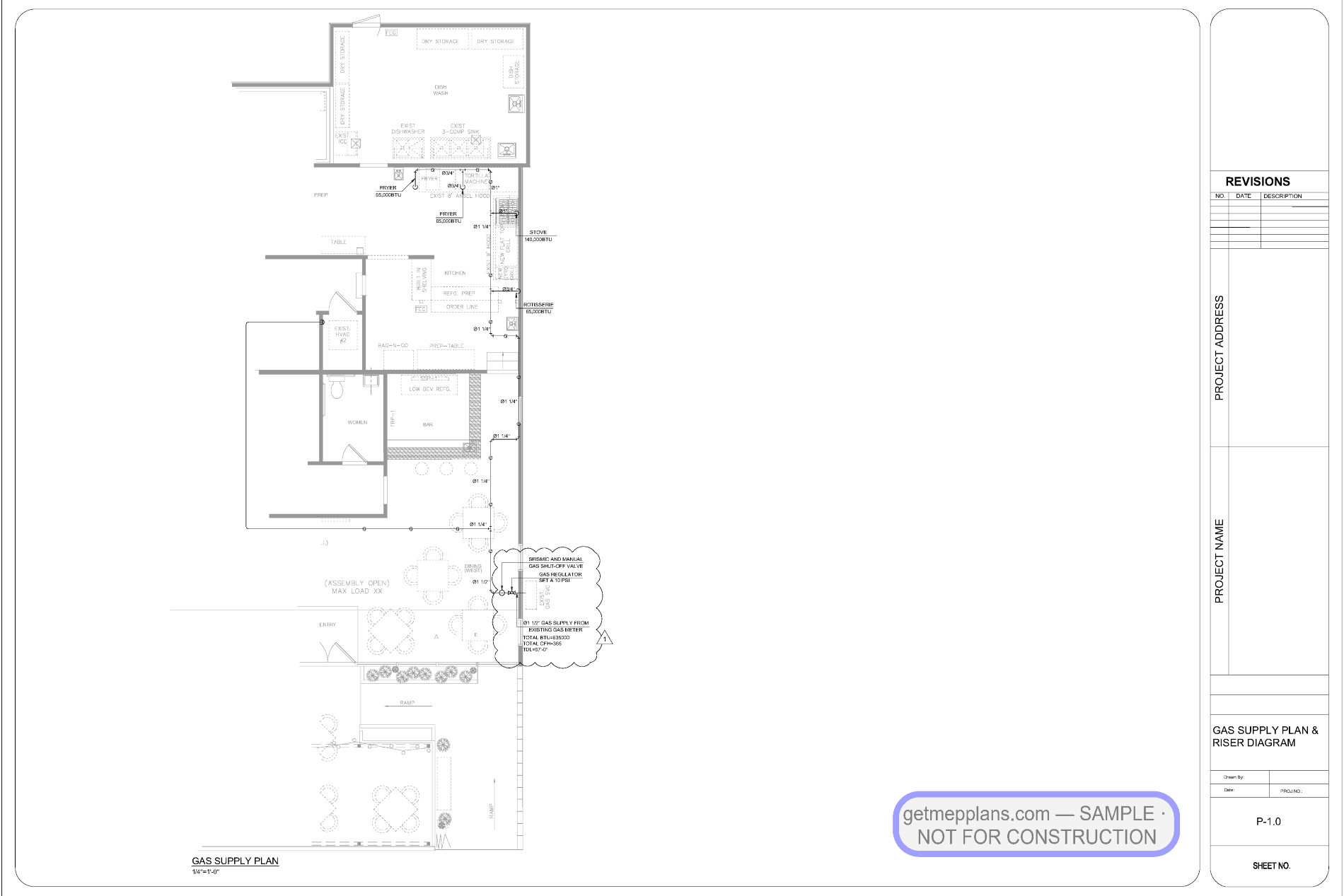 Redacted sample sheet P203 PLAN from the Restaurant Gas Piping — Plan-Review Rescue set