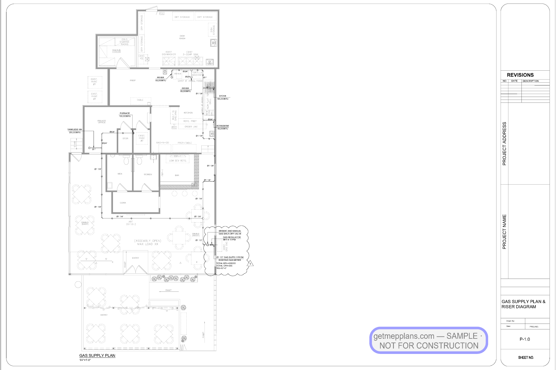 Redacted sample sheet P203 RISER from the Restaurant Gas Piping — Plan-Review Rescue set