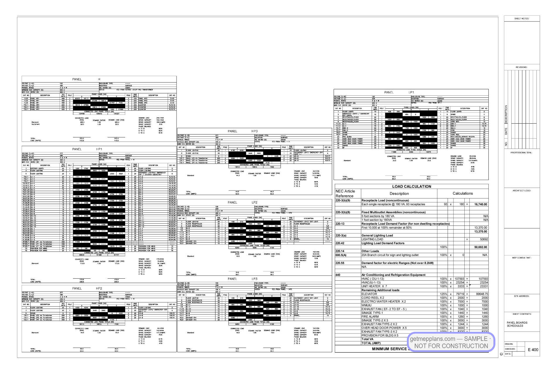 Redacted sample sheet E400 — Panels & NEC 220 Load from the Self-Storage Facility set