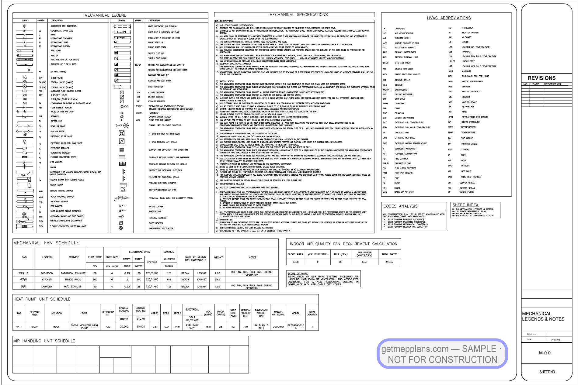 Redacted sample sheet M-0.0 — Mechanical Notes from the Single-Family Residence — Full Package set