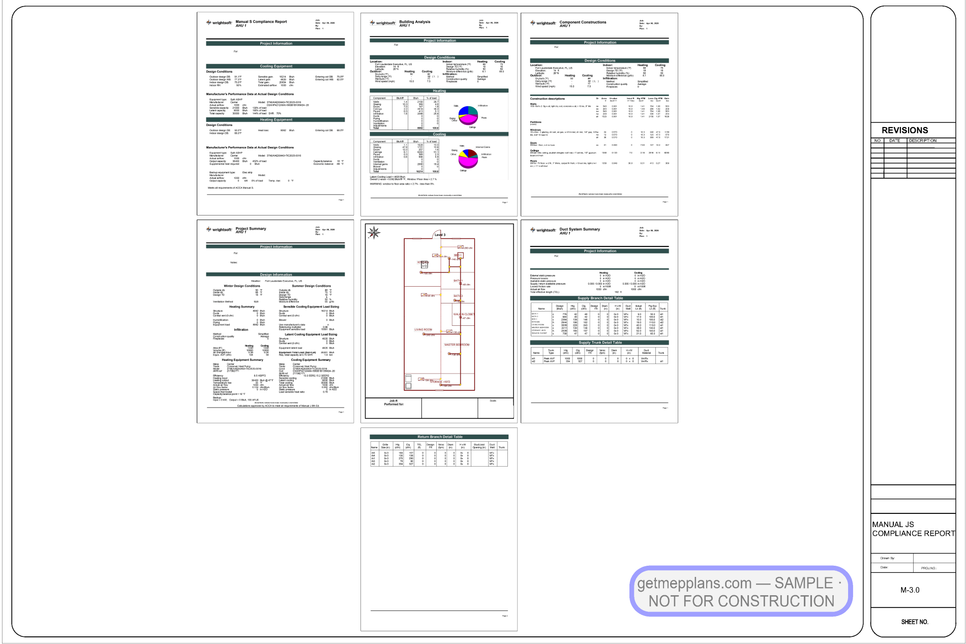 Redacted sample sheet M-3.0 — Manual J/S Compliance from the Single-Family Residence — Full Package set